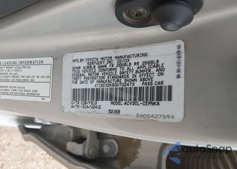 2003 Toyota Camry Le из США, поврежденный, VIN 4T1BE32K83U702473